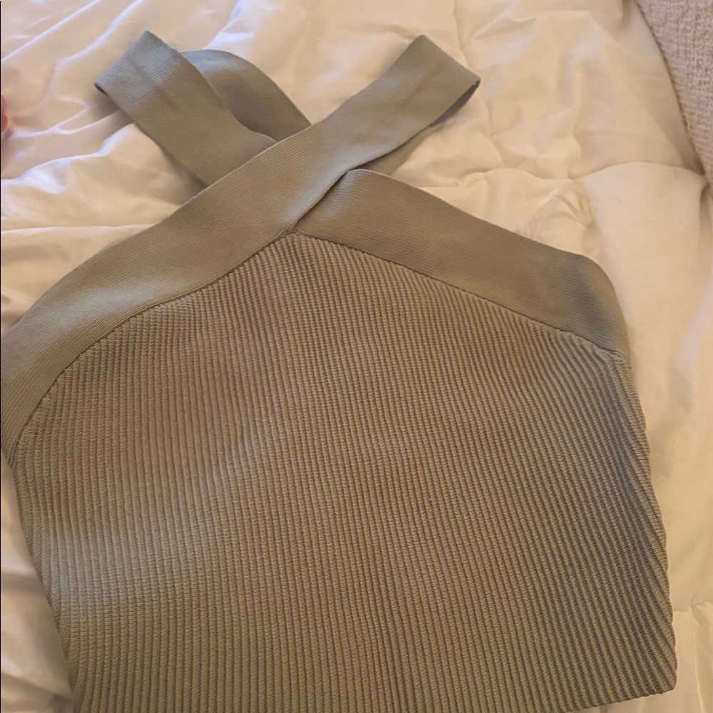 Green Ribbed Cross-Back Top